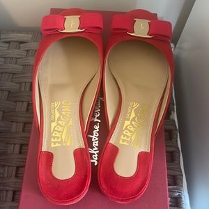 Red Ferragamo suede mules. Brand new